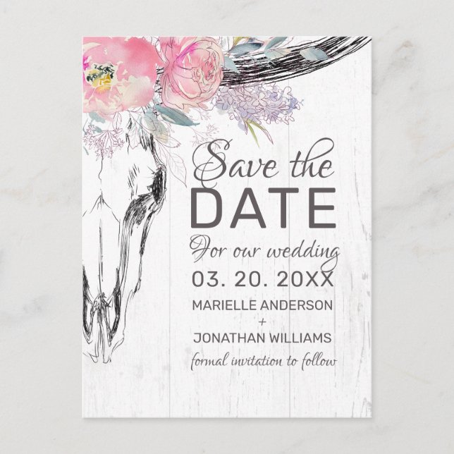 Rustik Ko skull Boho rosentråd Blommig Spara datum Meddelande Vykort (Framsida)