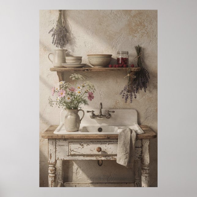 Rustik kökssänka med lavendel och vildblommor poster (Framsidan)