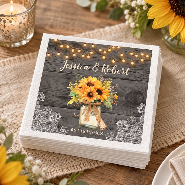 Rustik Kol Solros Murad Bröllop Pappersservett (Rustic Charcoal Sunflower Wedding Napkins)