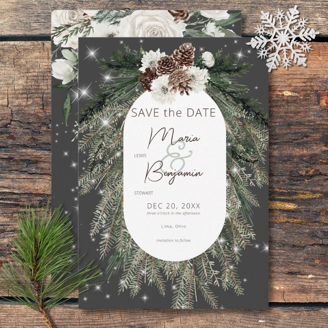 Rustik Kolgrå Tall Vintergnist Bröllop Spara Datumet (Rustic Charcoal Pine Winter Sparkle Wedding Save The Date)