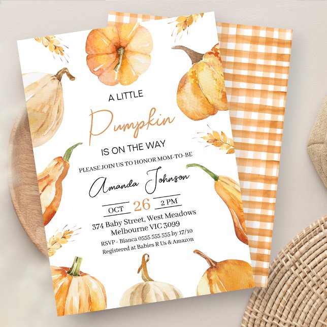 Rustik Kön Neutral Little Pumpkin Baby Shower Inbjudningar (Gender Neutral Little Pumpkin Baby Shower Invitation, Fall Baby Shower Invite, Autumn Wheat Edge)