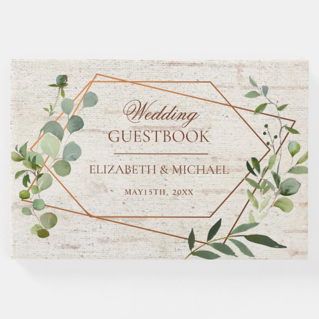 Rustik koppar Geometric Eucalyptus Birch Bröllop Gästböcker (Framsida)