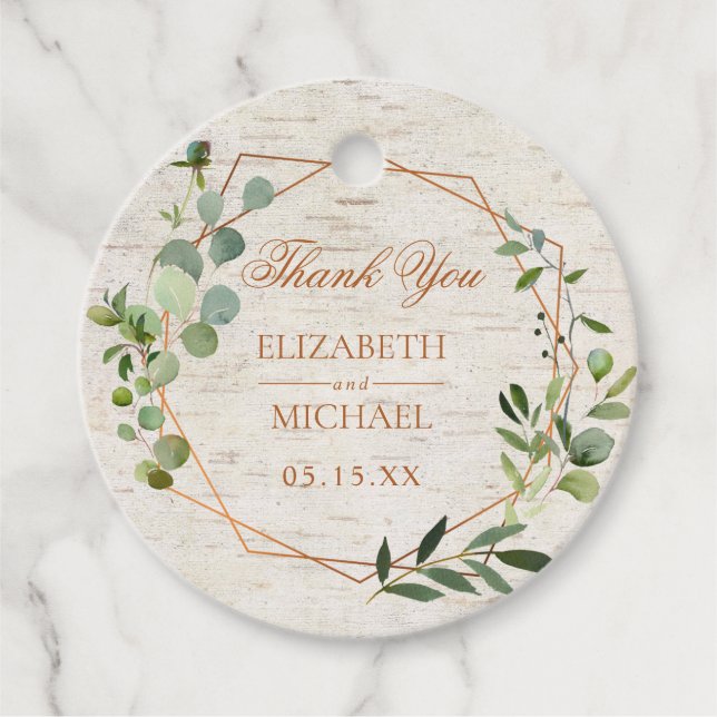 Rustik koppar Geometric Eucalyptus Birch Bröllop Gåvor Etiketter (Framsida)