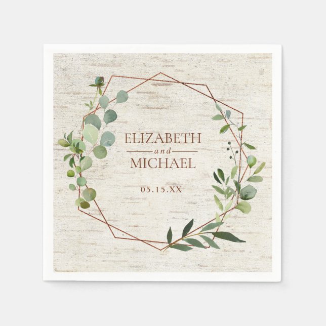 Rustik koppar Geometric Eucalyptus Birch Bröllop Pappersservett (Framsidan)