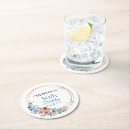 Rustik kopparblå Blommigt 50:e Födelsedagsfesten Underlägg Papper Rund