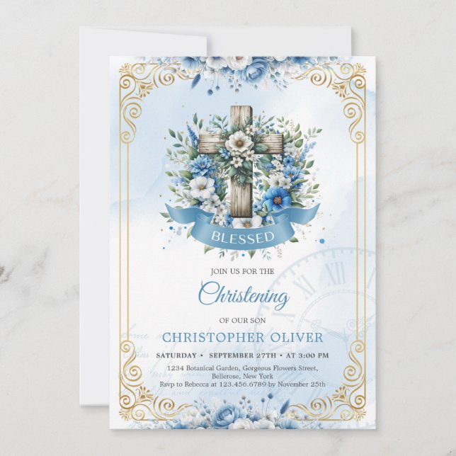 Rustik kor blåa blommor guld ram inbjudningar (Framsida)