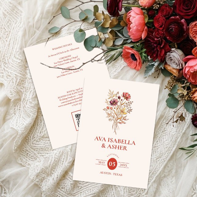 Rustik korall blomsterbukett bröllop QR-kod TLW26 Inbjudningar (Rustic Coral Wedding Invitation Featuring Vibrant Multicolor Wildflowers Bouquet Watercolor Effect.)
