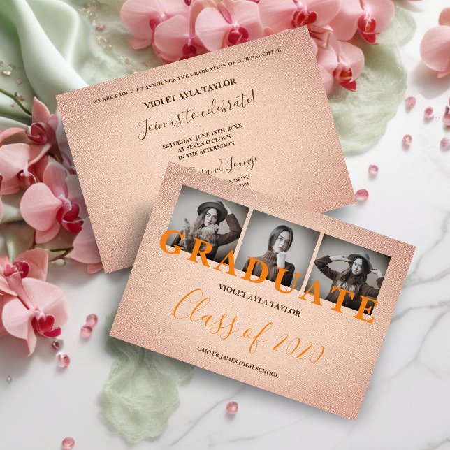 Rustik korall tyg effekt 3 multi foton grad (Rustic Coral Fabric Effect 3 Multi Photos Graduation Invitation Card. )