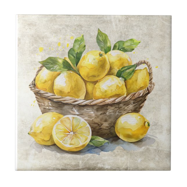 Rustik korg med citroner Shabby Chic keramik Kakelplatta (Framsidan)