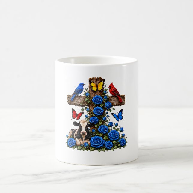 Rustik kors blå rosor och ko-mugg kaffemugg (Center)