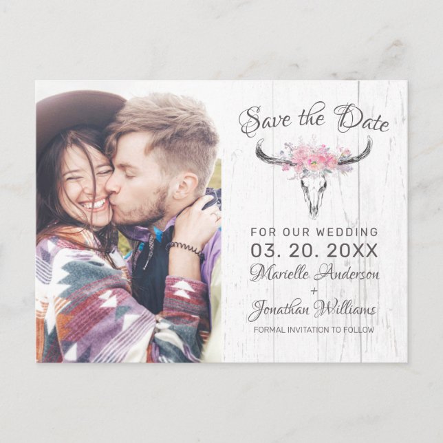 Rustik Kowskalle Boho Blommig Foto Spara Datum Meddelande Vykort (Framsida)
