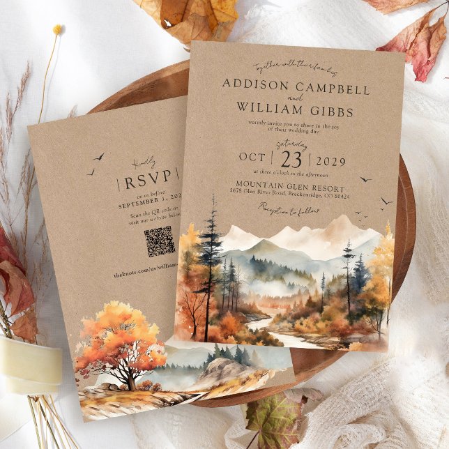 Rustik Kraft Akvarell Höst Träd Berg Bröllop Inbjudningar (Rustic kraft elegant Fall Trees watercolor forest mountain landscape QR code wedding invitation)