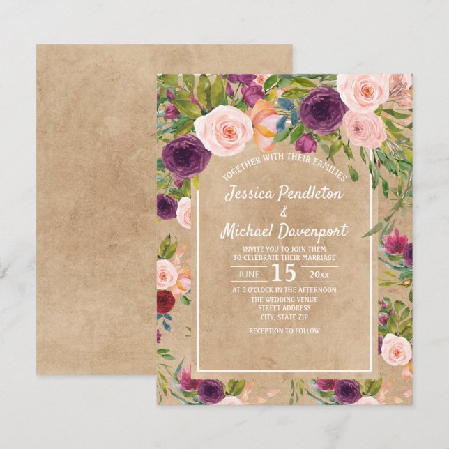 Rustik Kraft Boho Plommon Rosenskära Blommig Bröll Inbjudningar (Fram/baksida)