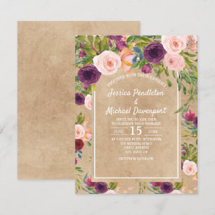 Rustik Kraft Boho Plommon Rosenskära Blommig Bröll Inbjudningar
