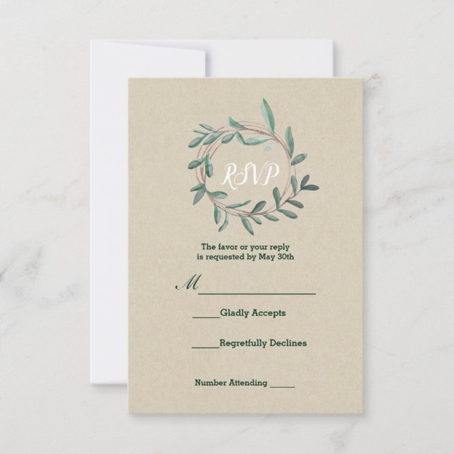 Rustik Kraft Botanisk Krans Blad Bröllop RSVP OSA Kort (Framsida)