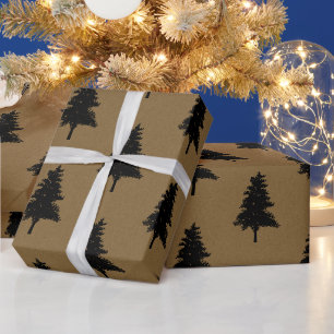 Rustik Kraft Brun Svart Julgran Mönster Presentpapper