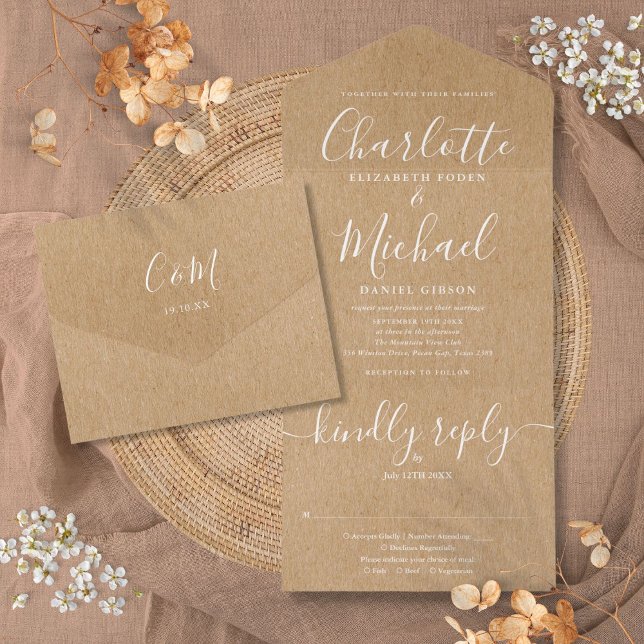 Rustik Kraft Elegant Skript Minimalistisk Bröllop  (Rustic Kraft Elegant Script Minimalist Wedding All In One Invitation)