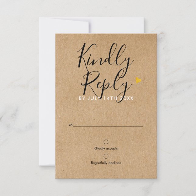 Rustik Kraft Guld Hjärt Chic Skrift Bröllop RSVP OSA Kort (Framsida)