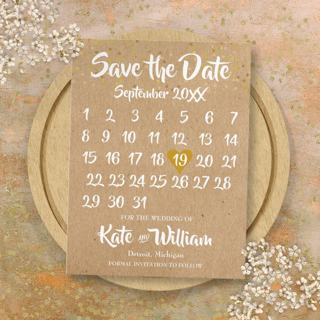 Rustik Kraft Guld Hjärtkalender Spara Datumet Meddelande Vykort (Rustic Kraft Gold Heart Calendar Save the Date Announcement Postcard)