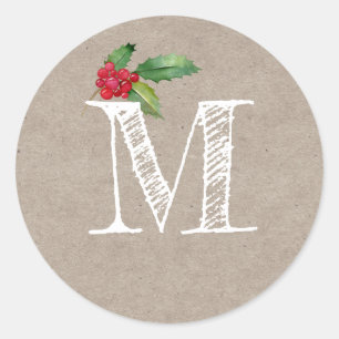 Rustik Kraft Jul Holly Monogram Initial Runt Klistermärke