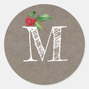 Rustik Kraft Jul Holly Monogram Initial Runt Klistermärke