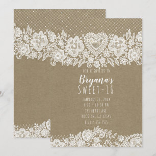 Rustik Kraft Lace Farmhouse Sweet 16 Födelsedag Inbjudningar