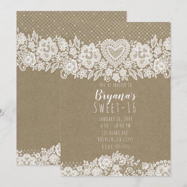 Rustik Kraft  Lace Farmhouse Sweet 16 Födelsedag Inbjudningar (Fram/baksida)