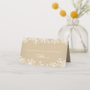 Rustik Kraft och Blommig Spets Monogram Bröllop Placeringskort