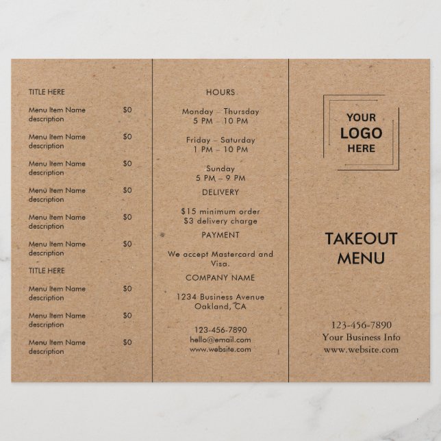 Rustik Kraft Restaurang Takeaway Meny Design (Framsida)