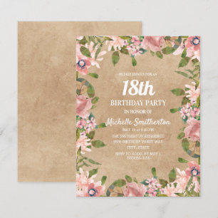 Rustik Kraft Rosa Watercolor Blommig 18-årsdag Inbjudningar