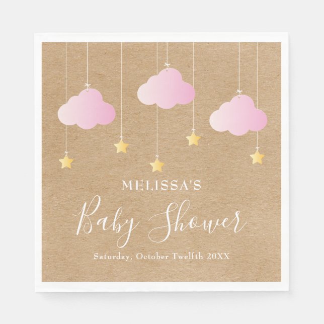 Rustik kraft stjärnstoft baby shower rosa pappersservett (Framsidan)