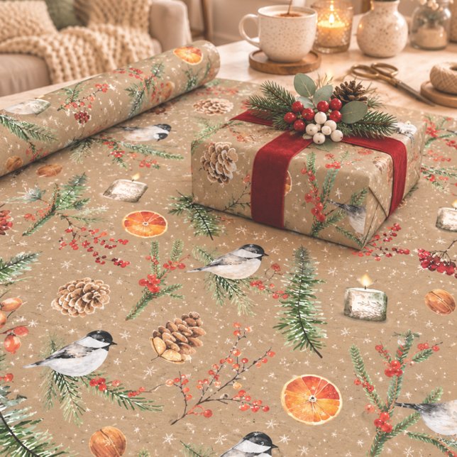 Rustik Kraft Svart mössa Chickadee julfest Presentpapper (Skapare uppladdad)