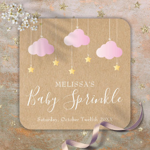 Rustik Kraft Twinkle Sprinkle Baby Shower Rosa Fyrkantigt Klistermärke