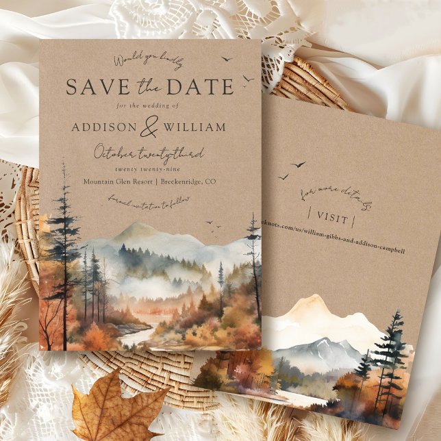 Rustik Kraft Vattenfärg Hösträd Berg Bröllop Spara Datumet (Modern Fall Watercolor Mountain & Trees Boho Brown Rustic Kraft Autumn Wedding website save the date)