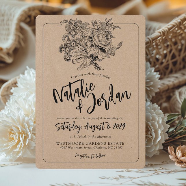 Rustik Kraft Vintage Blommig Boho Botanisk Bröllop Inbjudningar (Elegant brown rustic kraft and black vintage floral boho botanical handwritten fall wedding invite)