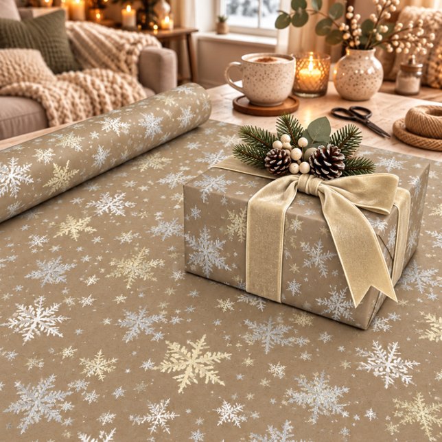 Rustik Kraft Vitt Silver Guld Snöflingor Presentpapper (Skapare uppladdad)