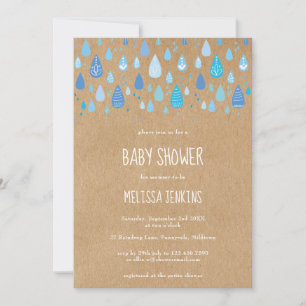 Rustik kraftsöt blå regndroppar pojke baby shower inbjudningar