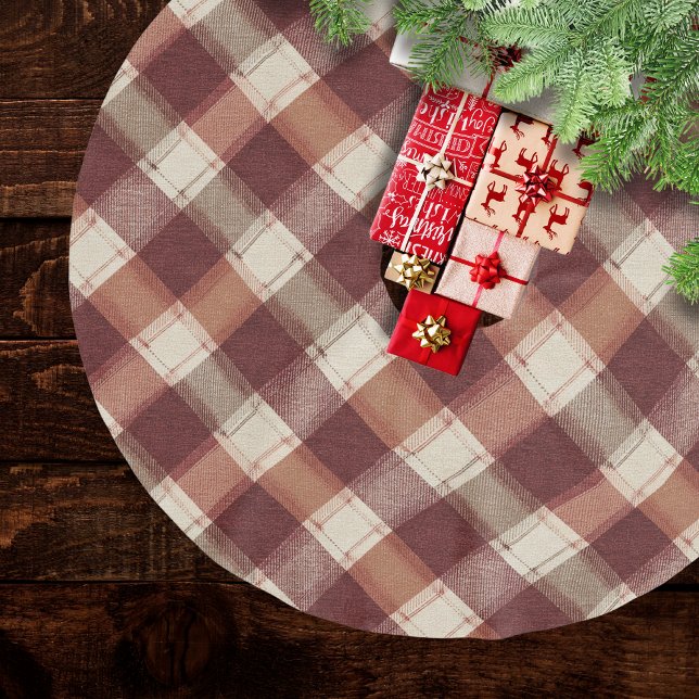 Rustik Kräm Orange Rost Röd Rutig Mönster Julgransmatta Borstad Polyester (Skapare uppladdad)