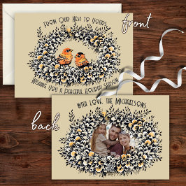 Rustik Krämig Vintage Stil Fågelbo Familj Foto Julkort