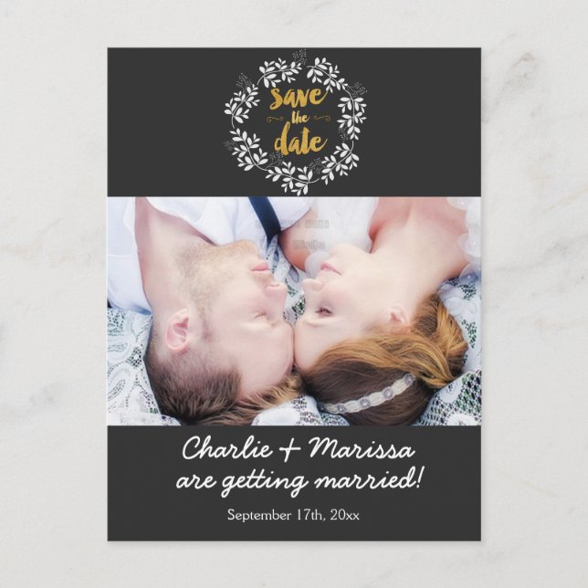 Rustik krans blad SPARA DATUM Foto vykort (Framsida)