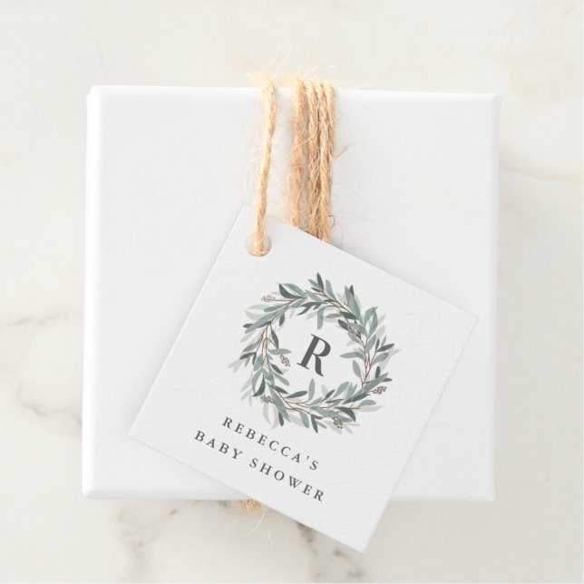Rustik krans med monogram för babykalas gåvor etiketter (På plats)