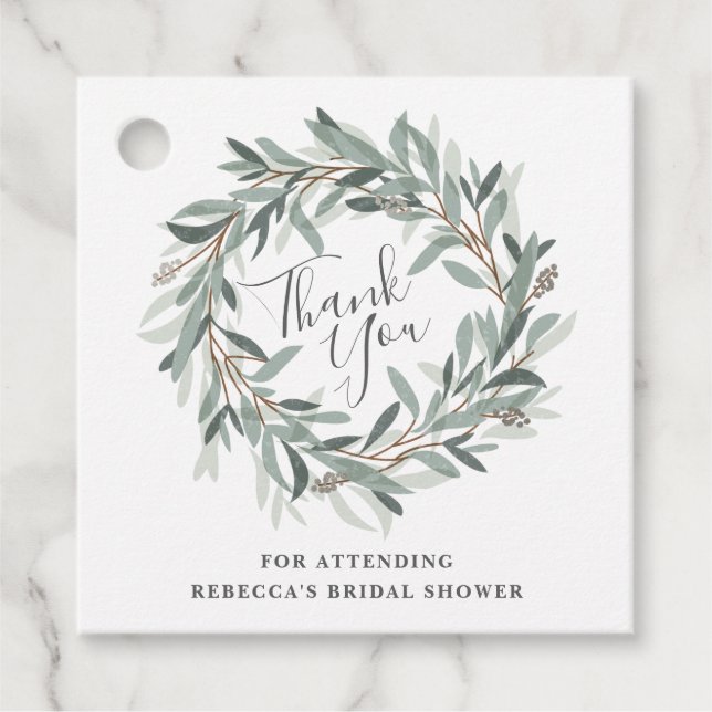 Rustik krans tack bröllopsdusch gåvor etiketter (Framsida)