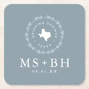 Rustik krans Texas bröllopsmonogram Damblå Underlägg Papper Kvadrat