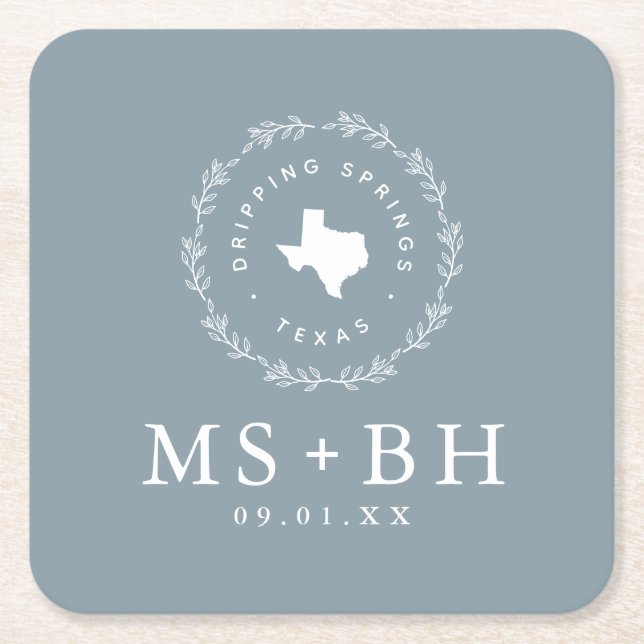 Rustik krans Texas bröllopsmonogram | Damblå Underlägg Papper Kvadrat (Framsidan)