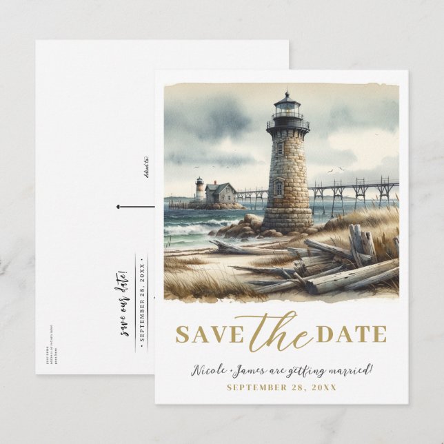 Rustik kustnära fyrstrand Inbjudan till förlovning (Fram/baksida)