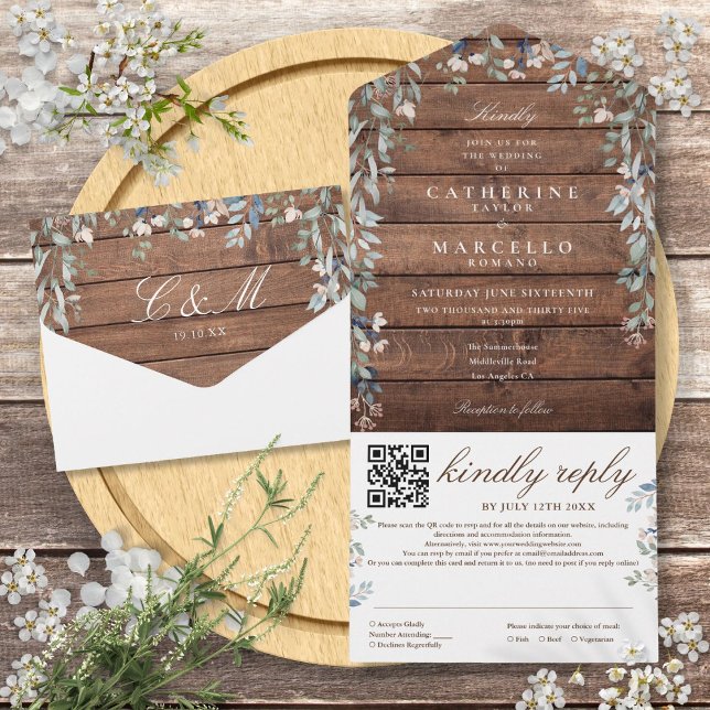 Rustik Lada Trä Blommig Grönska QR-kod Bröllop (Rustic Barn Wood Floral Greenery QR Code Wedding All In One Invitation)