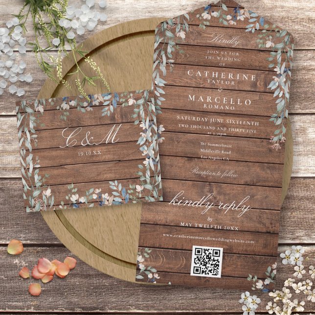 Rustik Lada Trä Blommig Grönska QR-kod Bröllop A (Rustic Barn Wood Floral Greenery QR Code Wedding A All In One Invitation)