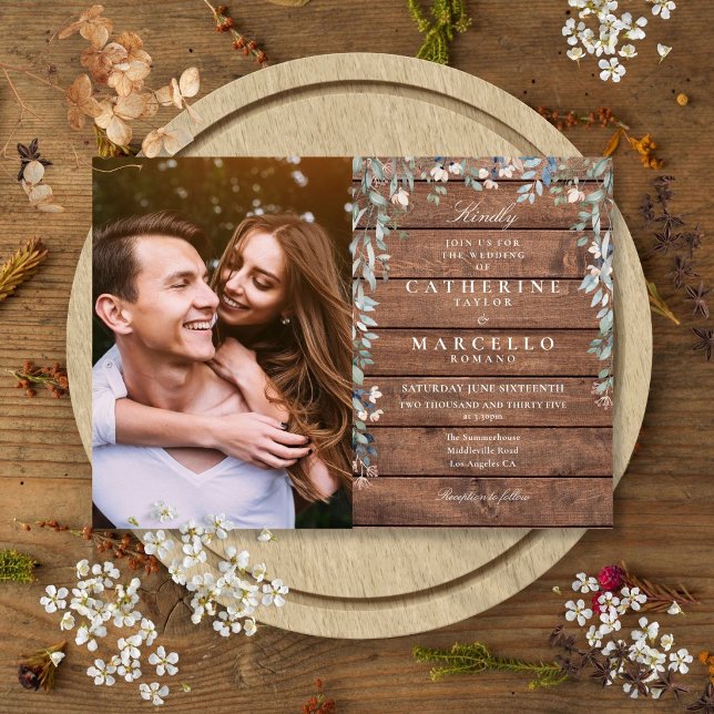 Rustik Lada Trä Blommig Vildblommor Foto Bröllop Inbjudningar (Rustic Barn Wood Floral Wildflowers Photo Wedding Invitation)