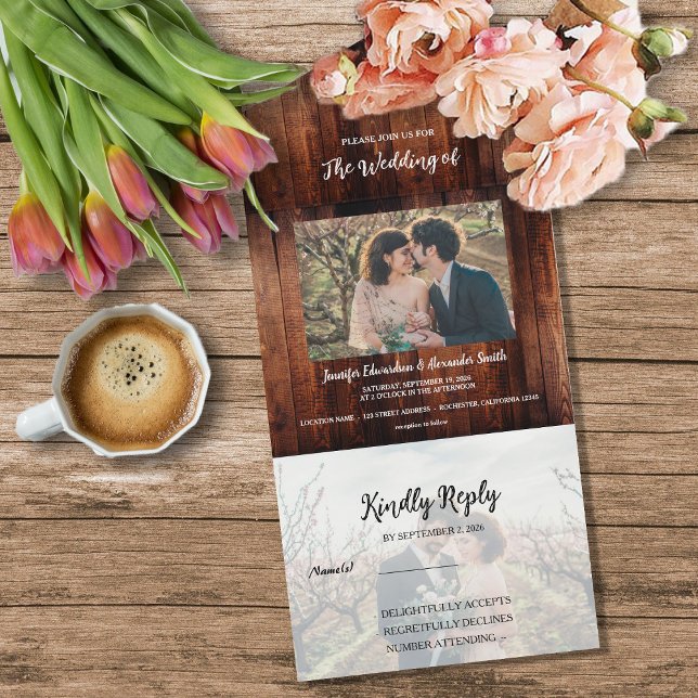 Rustik lada trä foto land Bryllop (Rustic barn wood photo country Wedding All In One Invitation. For your perfect rustic wedding.)