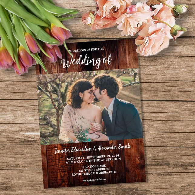 Rustik lada trä foto lanthustru inbjudningar (Rustic barn wood photo country wedding invitation. You can add your own photo and text.)